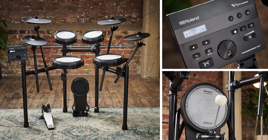 Nota de prensa de Roland con kit TD-07 en sala, módulo con pantalla coach y pad de bombo.