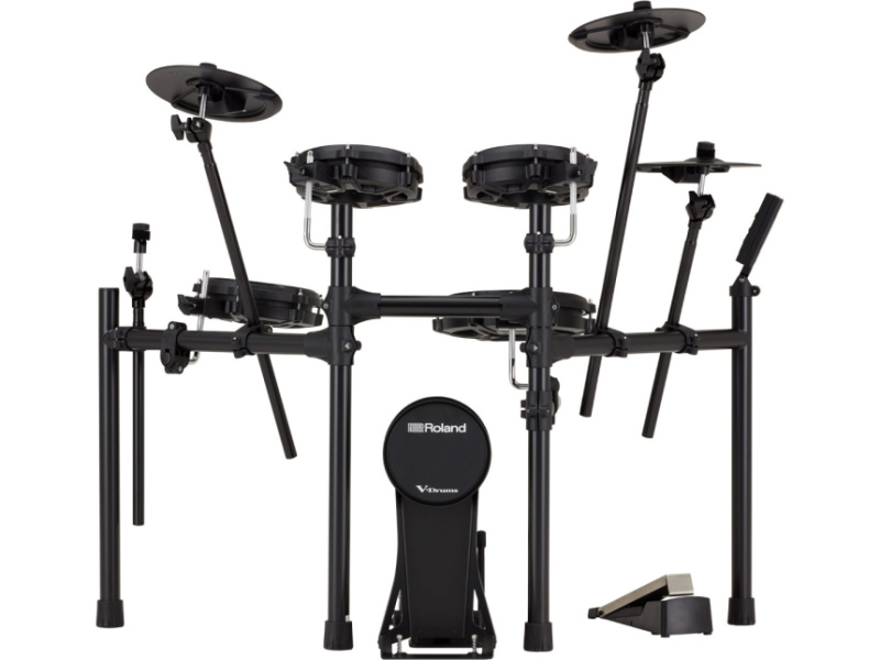 Roland TD-07DMK2 completo con rack negro, caja, tres toms, tres pads de plato y pad de bombo KD-10.