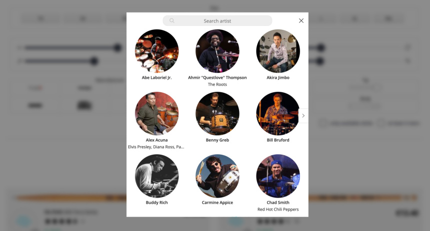 Ventana del selector de artistas con fotos circulares de varios bateristas reconocidos