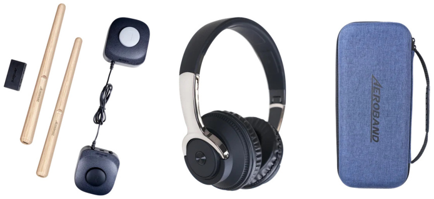 Conjunto completo del Aeroband PocketDrum 2 Ultra con baquetas, adaptador receptor, pedales, auriculares y funda rígida azul sobre fondo blanco