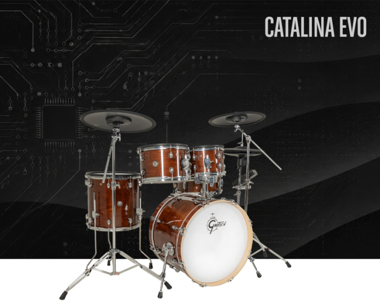 Batería electrónica Gretsch Catalina EVO de cinco piezas con platos y módulo sobre fondo negro con dibujo de circuito impreso