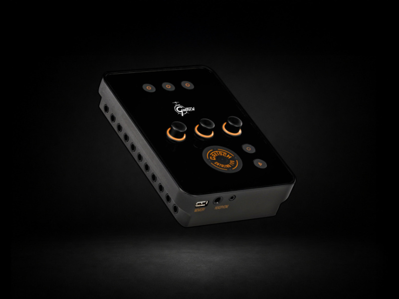 Módulo Gretsch Catalina EVO negro con detalles naranjas, encoders iluminados y tomas de conexión