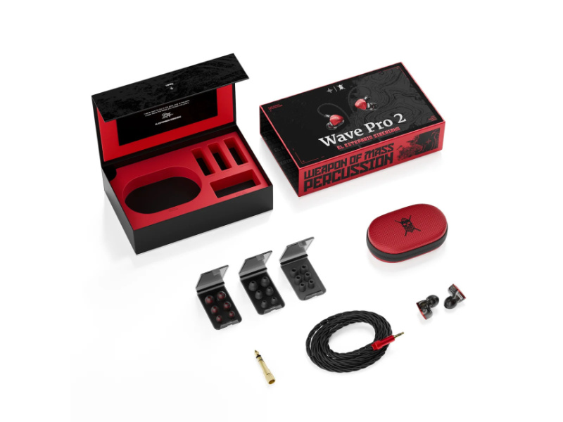 Contenido de la caja Wave Pro 2: estuche rojo, puntas, adaptador dorado, cable y auriculares sobre fondo blanco